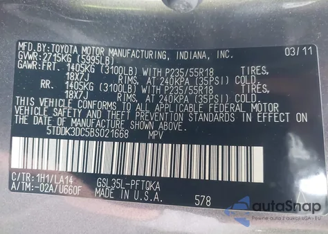 2011 Toyota Sienna Limited из США, поврежденный, VIN 5TDDK3DC5BS021668